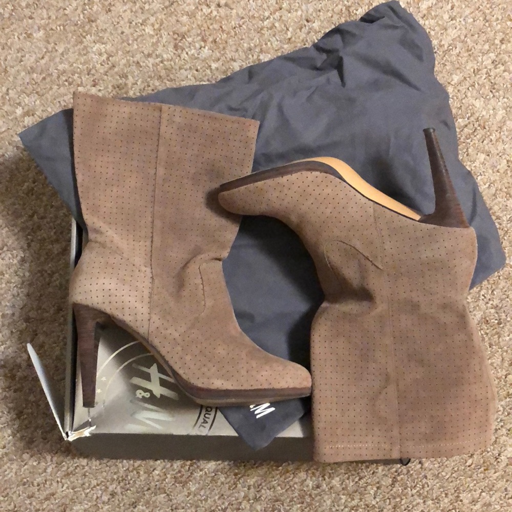 Tan high heeled ankle booties